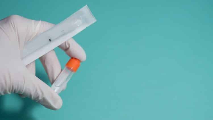Close-up of hand holding DNA sampling tube for AFCA genetic testing story