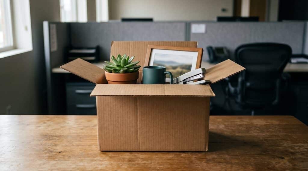 A cardboard box filled with personal belongings