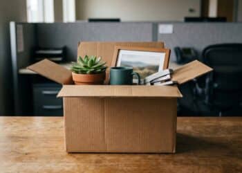 A cardboard box filled with personal belongings