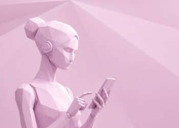 Image of robot woman looking at smartphone, Striver launches AI client sim